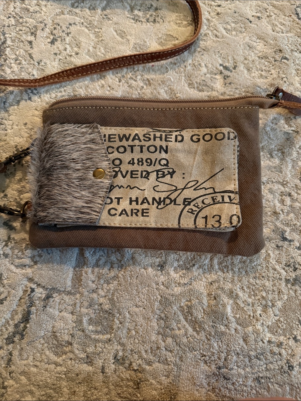 Myra Bag Brown Canvas Crossbody with Fur Accent Patch